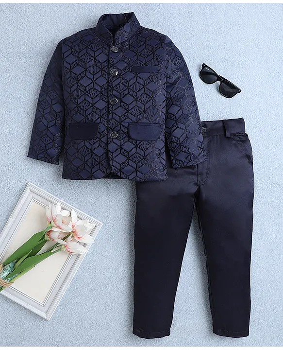 Fourfolds Woven Full Sleeves Cubes Embroidered Jodhpuri & Trousers Set - Navy Blue